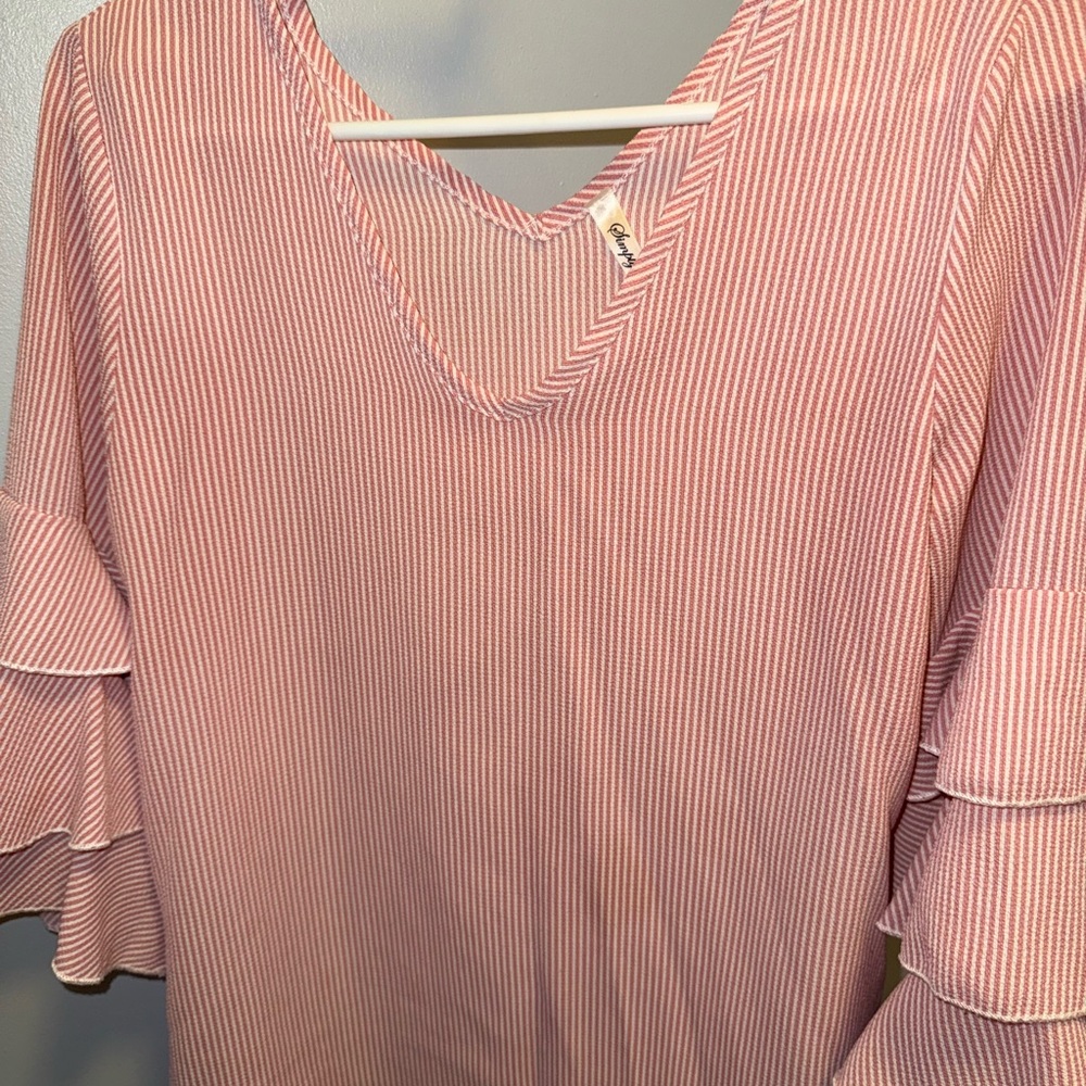 Pink Striped V-Neck Ruffle Sleeve Top